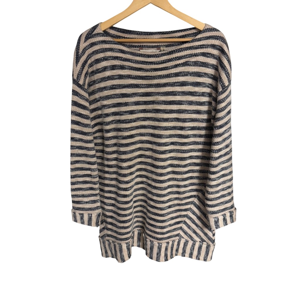 Soft Surroundings Striped Cotton Knit Sweater Tan Navy Blue Boat Neck XL